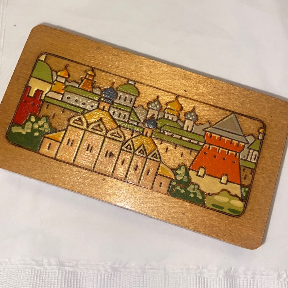 Vintage Wooden Pyrography Trinket Box Russian Hand Painted Hand Carved Folk Art